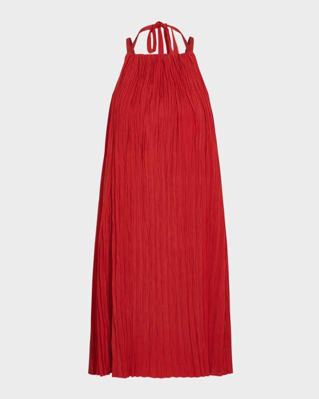 Pleated A-Line Halter Dress with Pockets